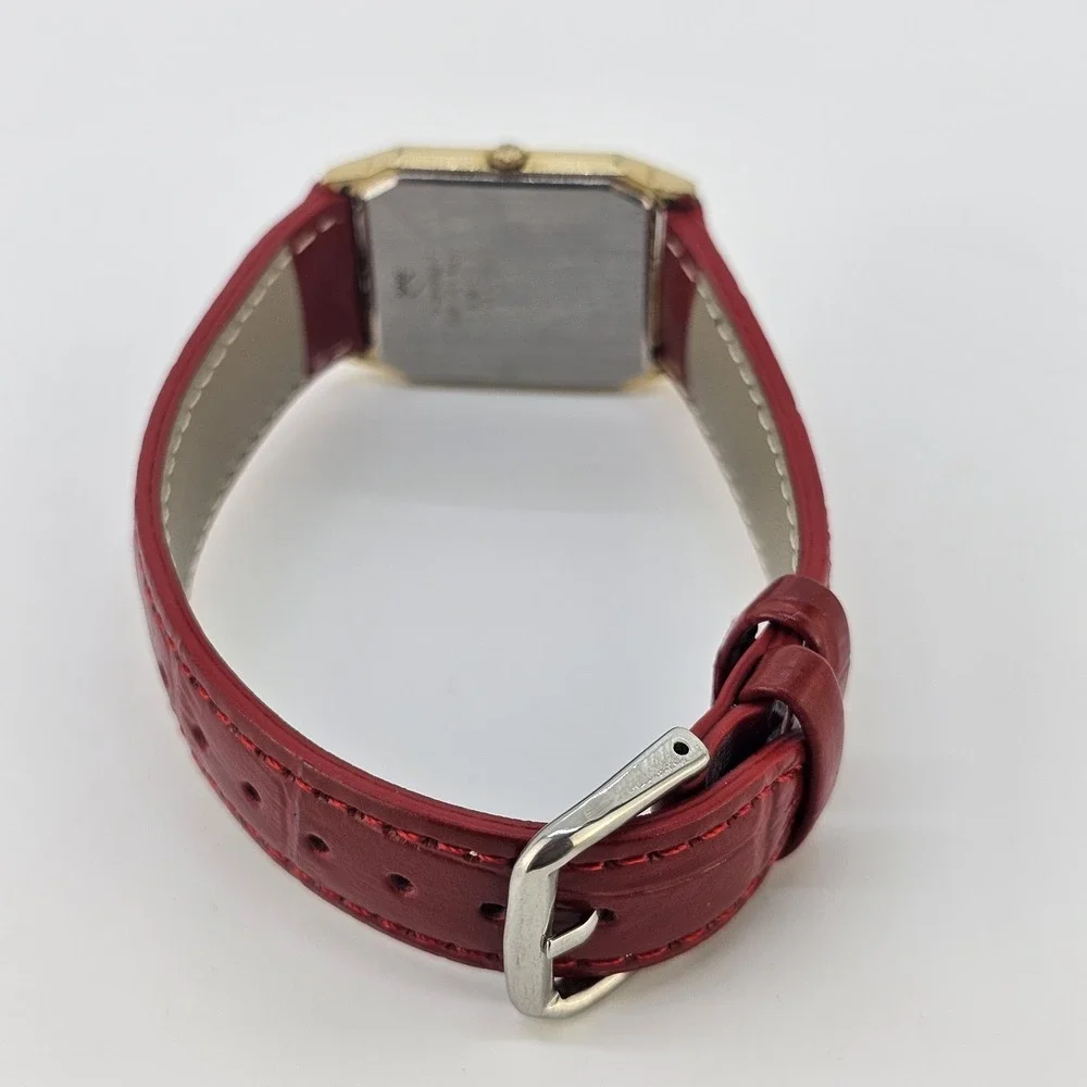 VTG Seiko Tank Women Watch 26MM Gold Dial NEW Red Leather Bands NEW Battery